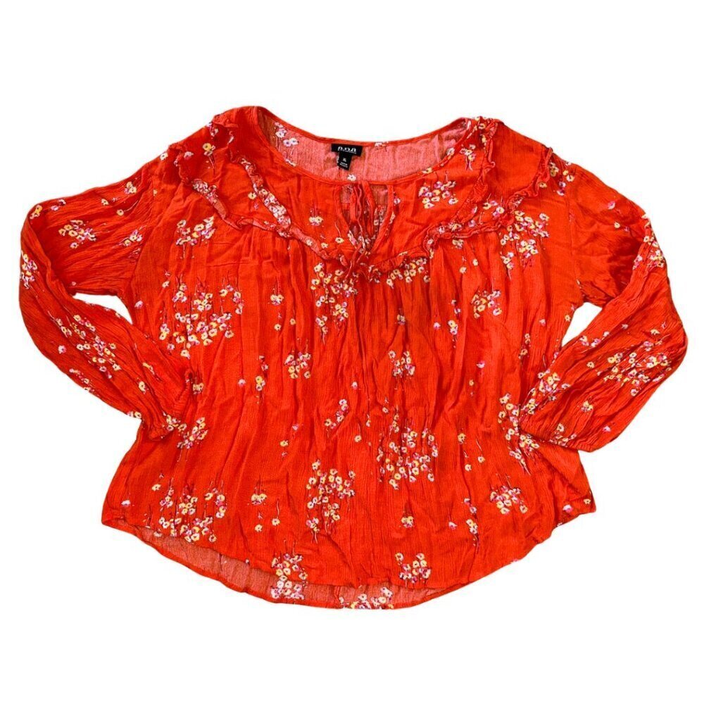 A.N.A XL Women's Bold Orange Floral Long Sleeve Round Neck Keyhole Blouse